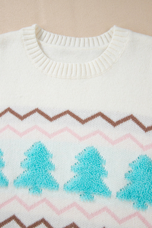 Textured Knit Tree And Chevron Pattern Sweater