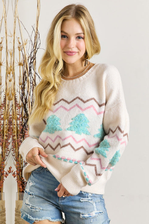 Textured Knit Tree And Chevron Pattern Sweater