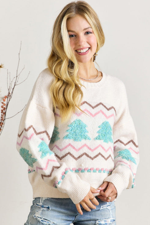 Textured Knit Tree And Chevron Pattern Sweater