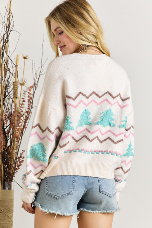 Textured Knit Tree And Chevron Pattern Sweater