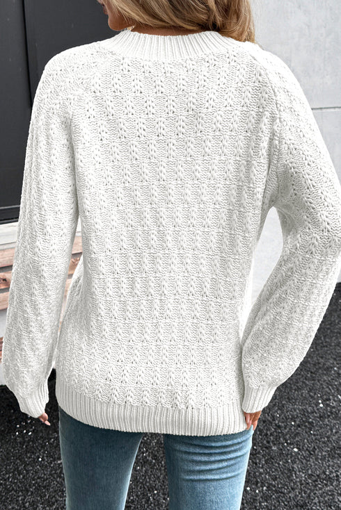 Textured Knit V Neck Balloon Sleeve Sweater