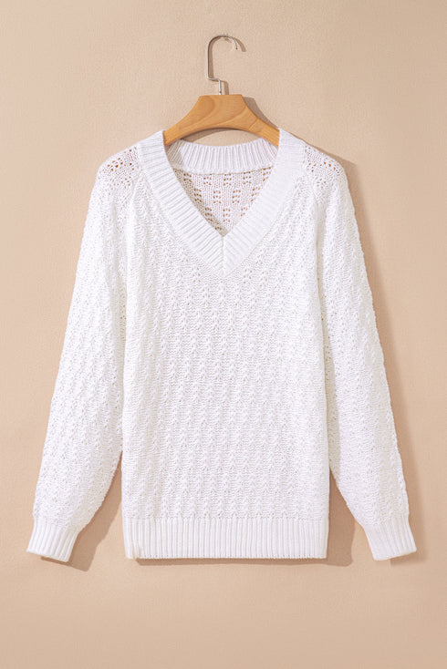 Textured Knit V Neck Balloon Sleeve Sweater