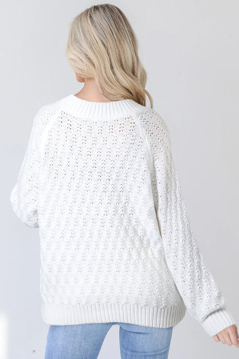 Textured Knit V Neck Balloon Sleeve Sweater