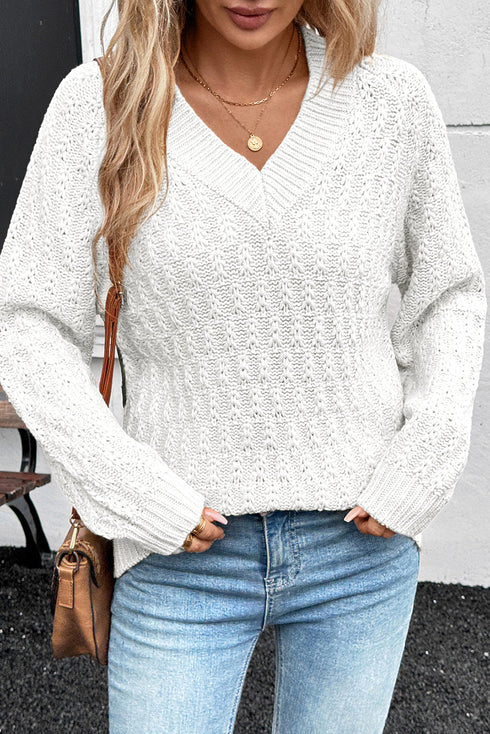 Textured Knit V Neck Balloon Sleeve Sweater
