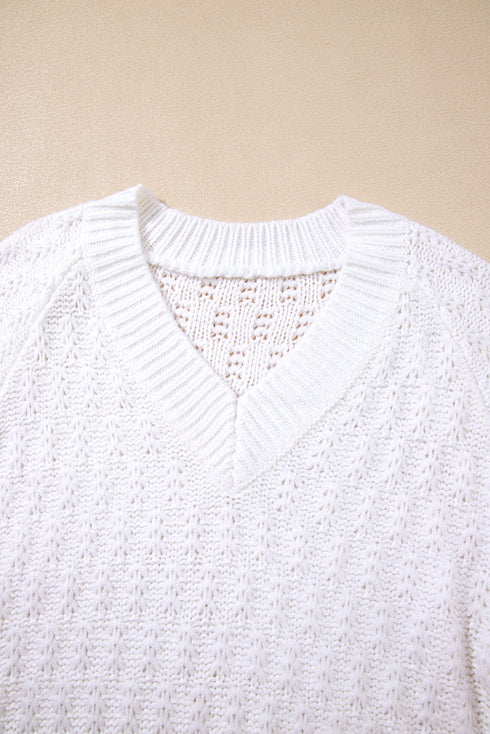 Textured Knit V Neck Balloon Sleeve Sweater