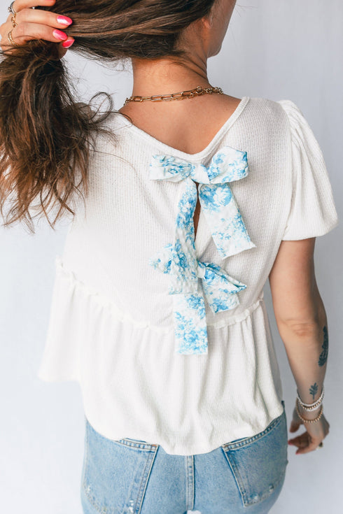 Textured Knit V Neck Bubble Sleeve Peplum Top