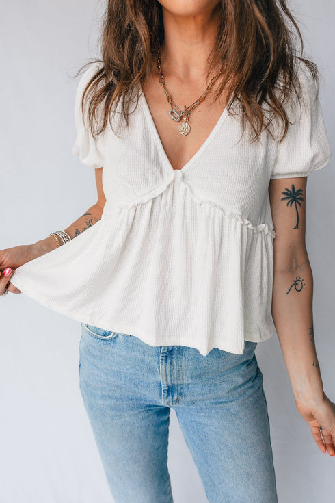 Textured Knit V Neck Bubble Sleeve Peplum Top