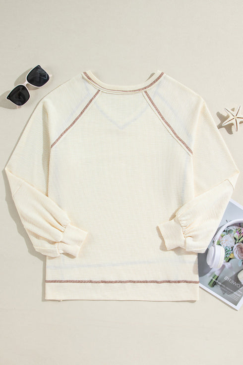 Textured Knit V Neck Exposed Seam Pullover Top
