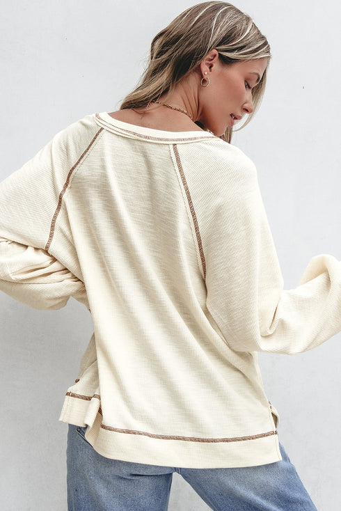 Textured Knit V Neck Exposed Seam Pullover Top