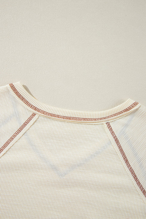 Textured Knit V Neck Exposed Seam Pullover Top