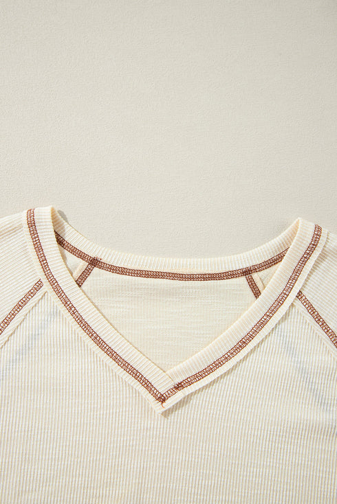Textured Knit V Neck Exposed Seam Pullover Top