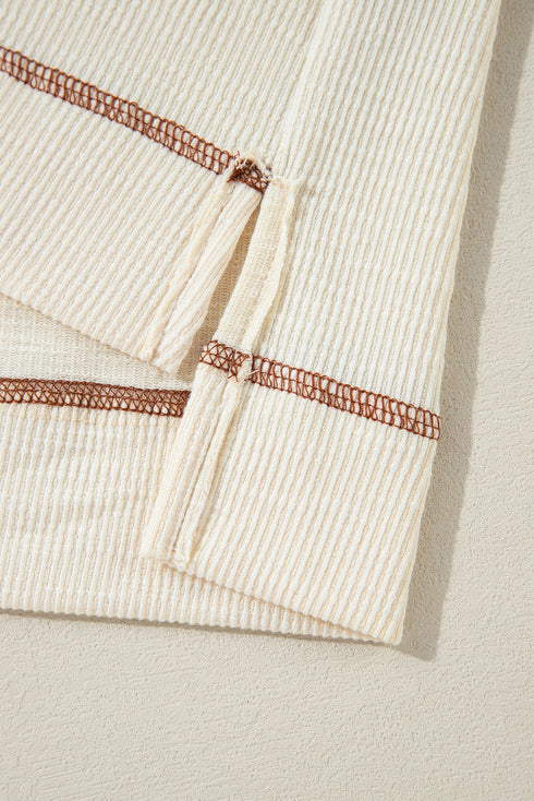 Textured Knit V Neck Exposed Seam Pullover Top