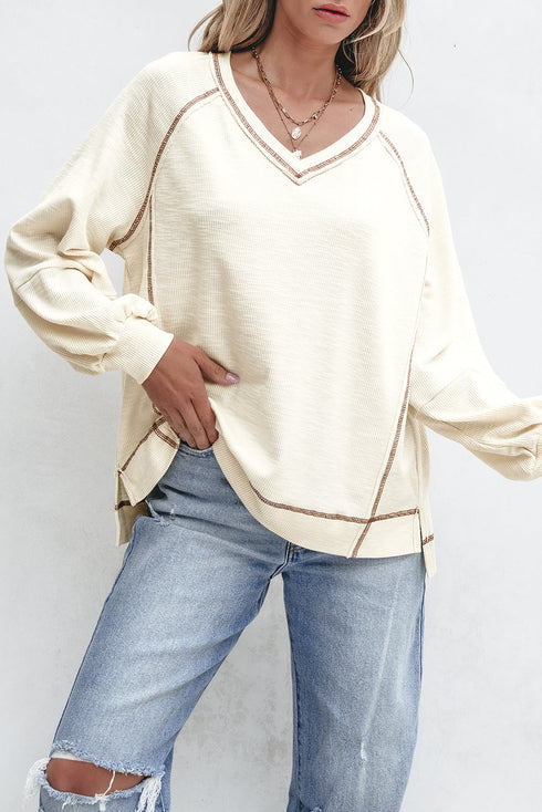 Textured Knit V Neck Exposed Seam Pullover Top