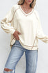 Textured Knit V Neck Exposed Seam Pullover Top