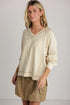 Textured Knit V Neck Exposed Seam Pullover Top
