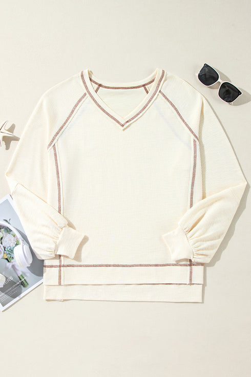 Textured Knit V Neck Exposed Seam Pullover Top