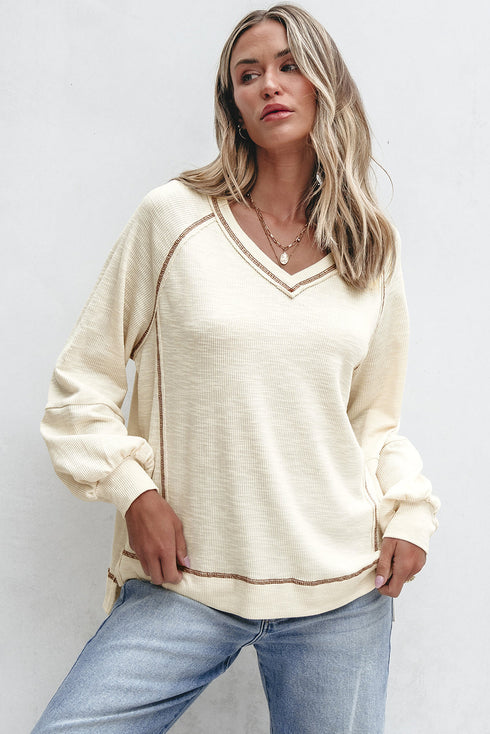 Textured Knit V Neck Exposed Seam Pullover Top