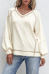 Textured Knit V Neck Exposed Seam Pullover Top