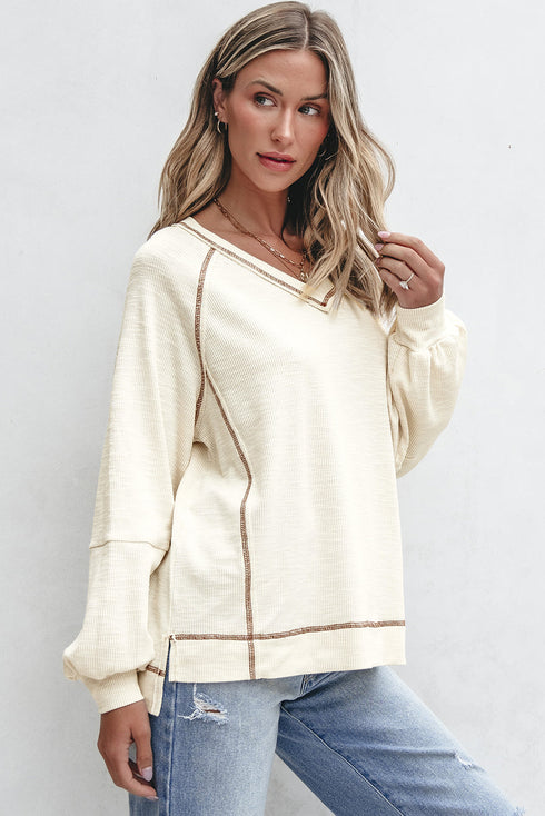 Textured Knit V Neck Exposed Seam Pullover Top