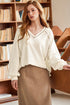 Textured Knit V Neck Exposed Seam Pullover Top