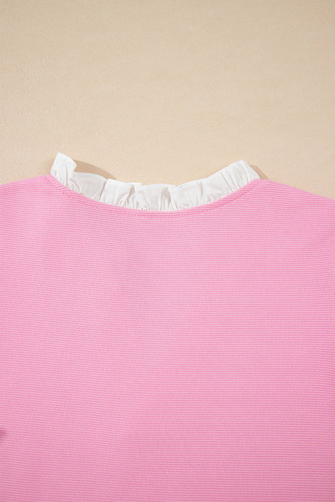 Textured Knit V Neck Ruffle Sleeve Casual Top