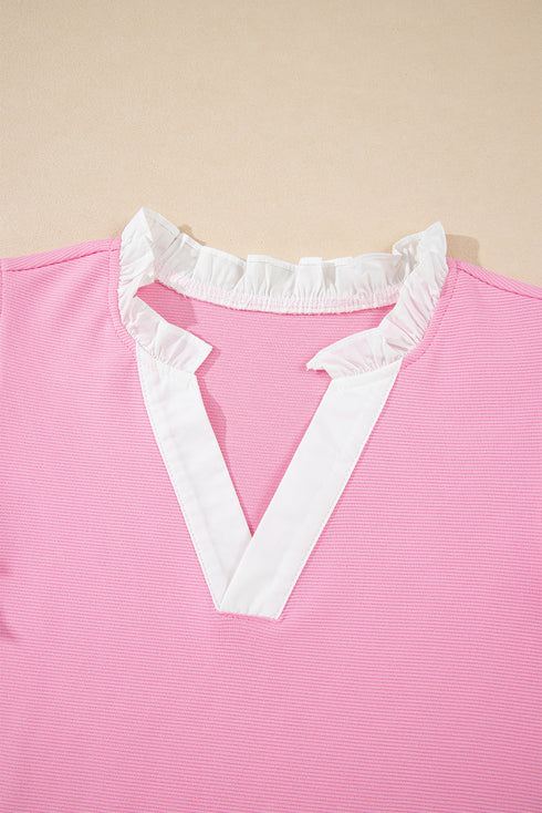 Textured Knit V Neck Ruffle Sleeve Casual Top
