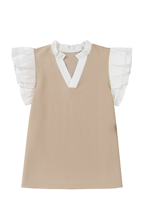 Textured Knit V Neck Ruffle Sleeve Casual Top