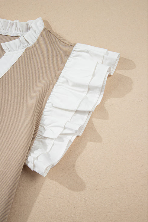 Textured Knit V Neck Ruffle Sleeve Casual Top