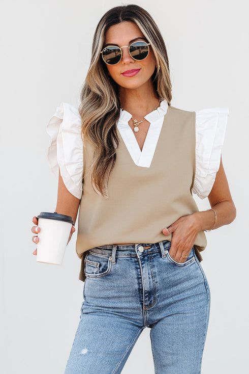 Textured Knit V Neck Ruffle Sleeve Casual Top