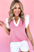 Textured Knit V Neck Ruffle Sleeve Casual Top