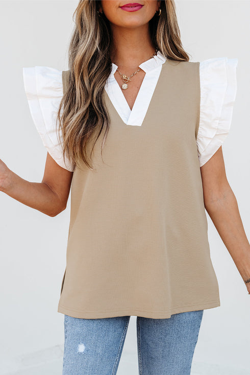 Textured Knit V Neck Ruffle Sleeve Casual Top
