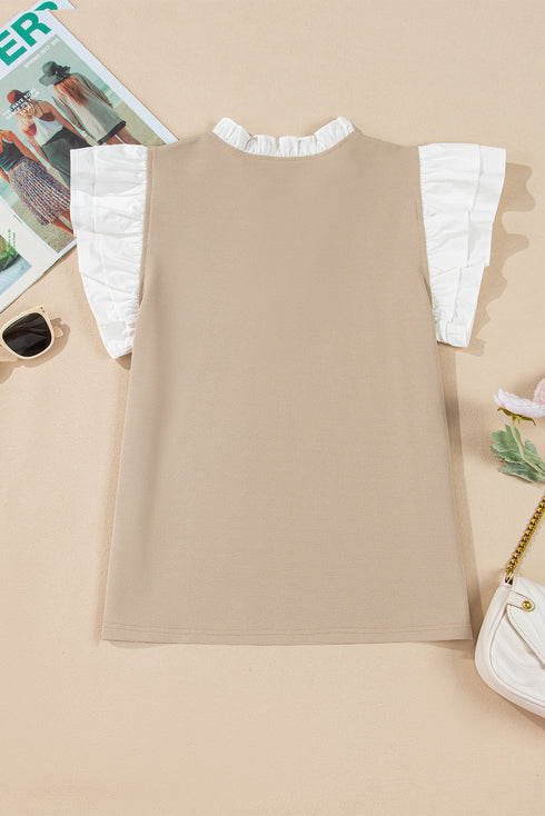 Textured Knit V Neck Ruffle Sleeve Casual Top