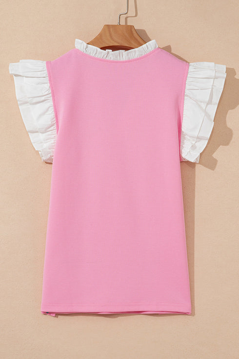 Textured Knit V Neck Ruffle Sleeve Casual Top