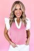 Textured Knit V Neck Ruffle Sleeve Casual Top