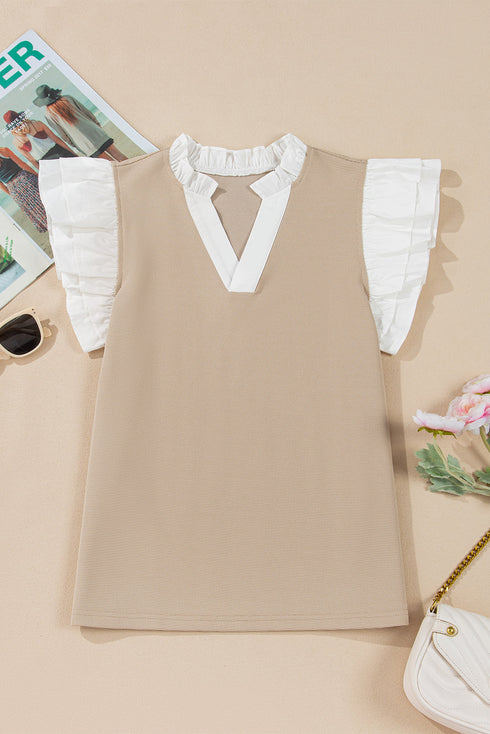 Textured Knit V Neck Ruffle Sleeve Casual Top