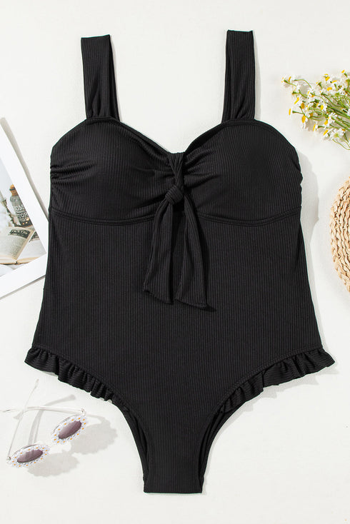 Textured Knotted Ruffle Trim One Piece Swimwear