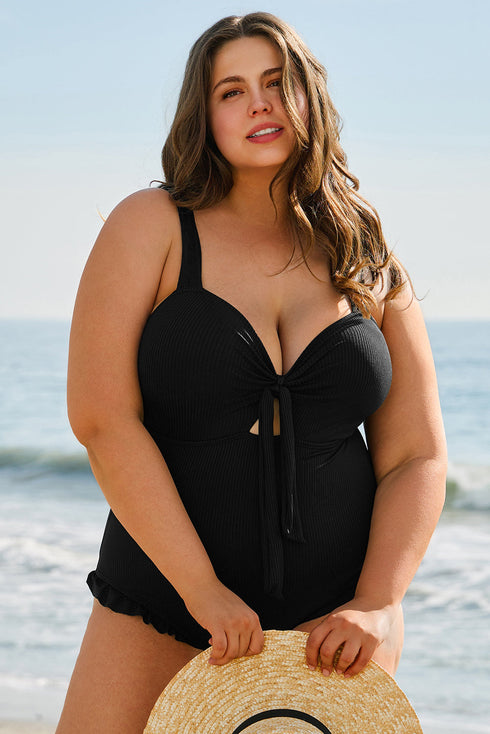 Textured Knotted Ruffle Trim One Piece Swimwear