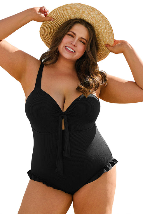 Textured Knotted Ruffle Trim One Piece Swimwear