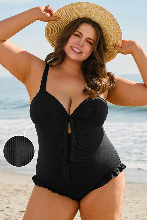 Textured Knotted Ruffle Trim One Piece Swimwear