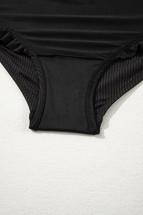 Textured Knotted Ruffle Trim One Piece Swimwear