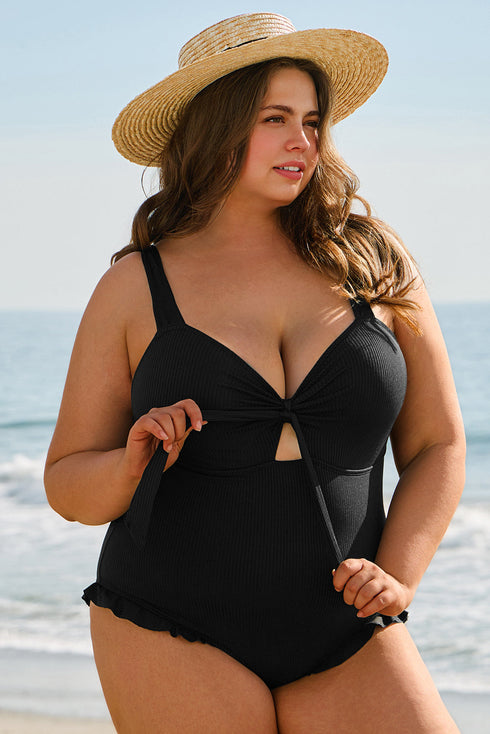 Textured Knotted Ruffle Trim One Piece Swimwear