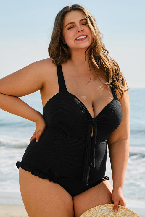 Textured Knotted Ruffle Trim One Piece Swimwear