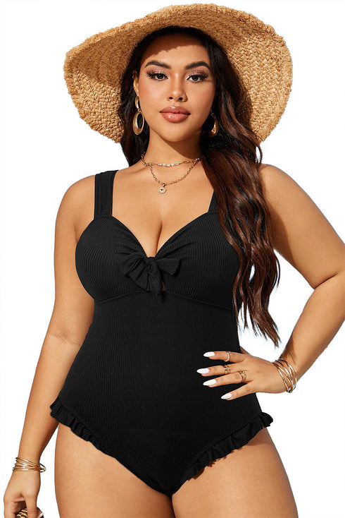 Textured Knotted Ruffle Trim One Piece Swimwear