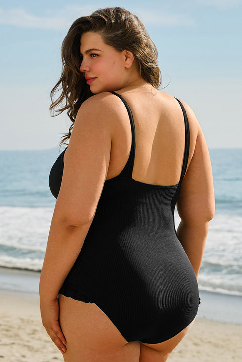 Textured Knotted Ruffle Trim One Piece Swimwear