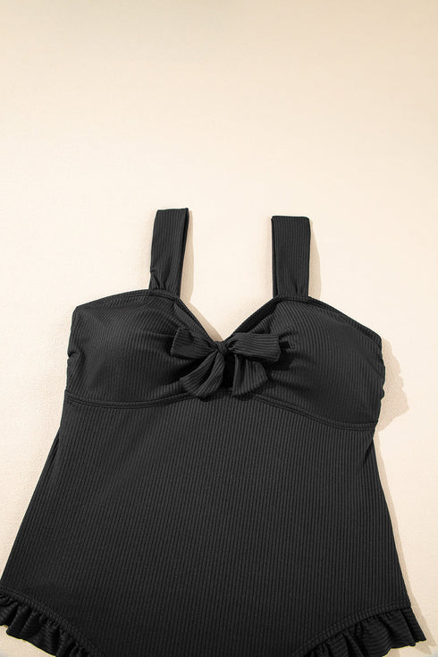Textured Knotted Ruffle Trim One Piece Swimwear