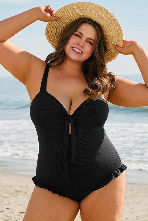 Textured Knotted Ruffle Trim One Piece Swimwear