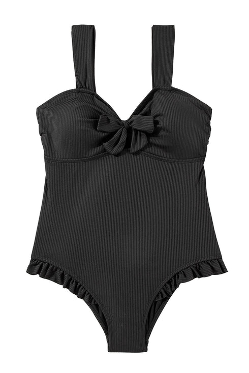 Textured Knotted Ruffle Trim One Piece Swimwear