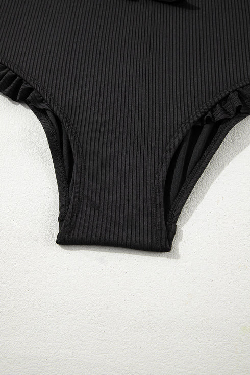 Textured Knotted Ruffle Trim One Piece Swimwear