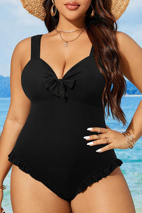 Textured Knotted Ruffle Trim One Piece Swimwear