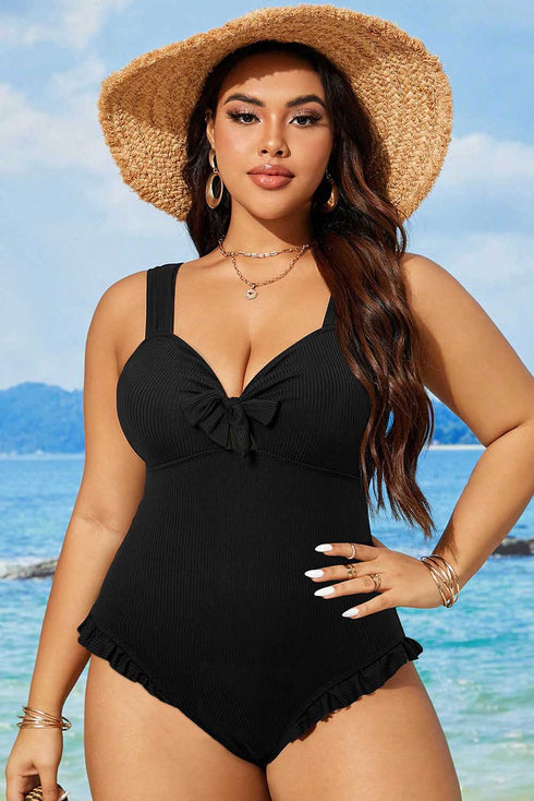 Textured Knotted Ruffle Trim One Piece Swimwear